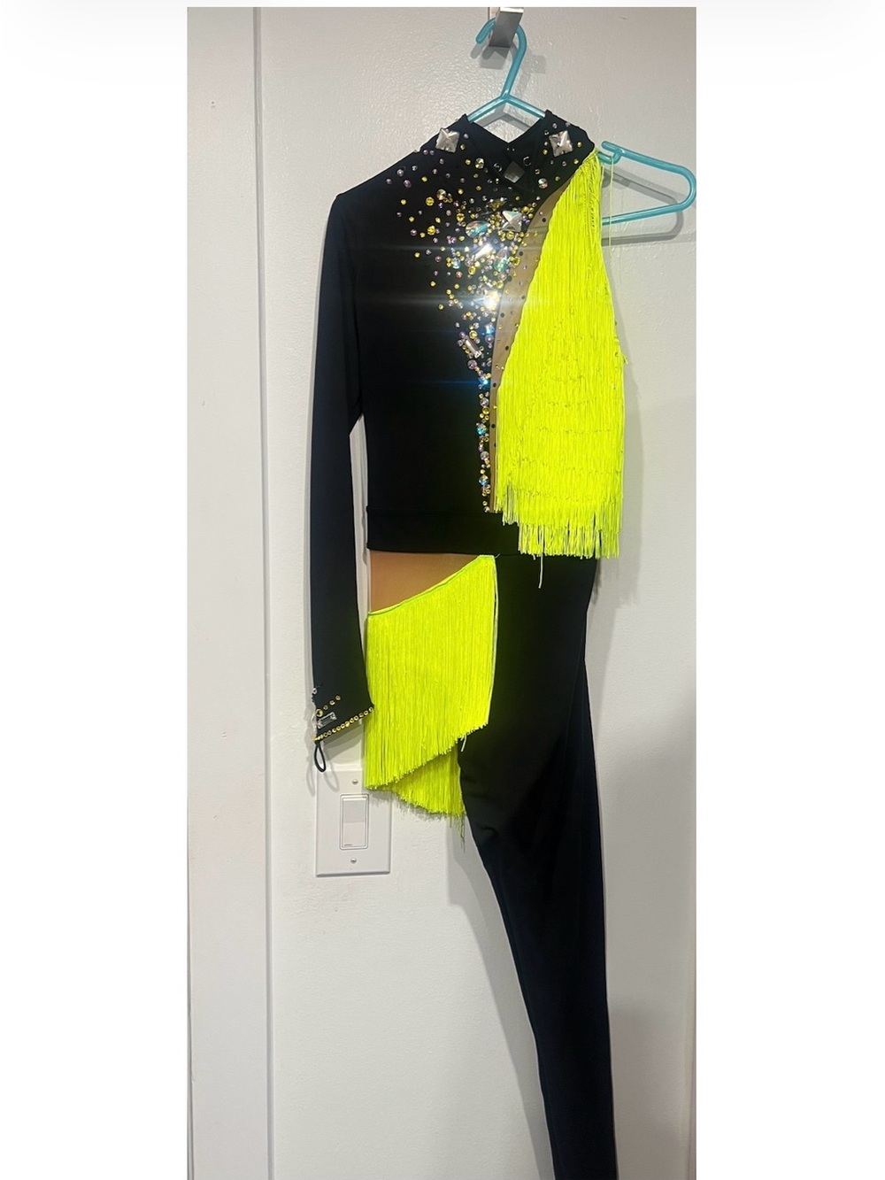 LA Designs Black dance costume with Neon Yellow Fringe Accent